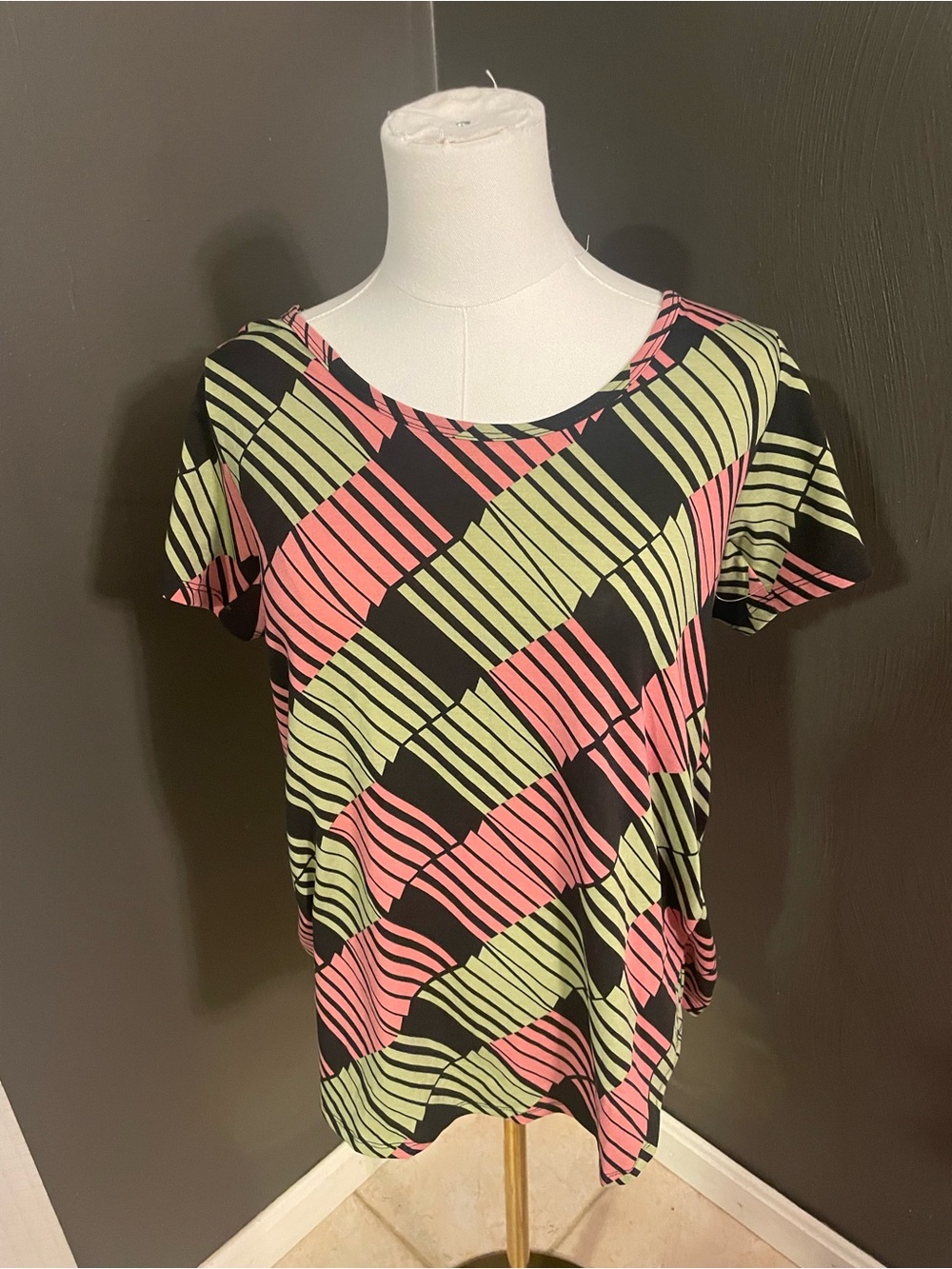 LuLaRoe XS Classic Tee - Black, Pink & Lime Green Geometric Wave Print